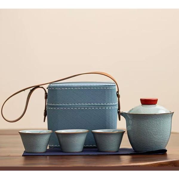中国茶器セット 茶器 茶具 磁器 湯呑み 急須 お茶缶 セット 携帯 台湾茶器 旅行ティーセット 茶の入れ   (4点セット+収納バッグ)