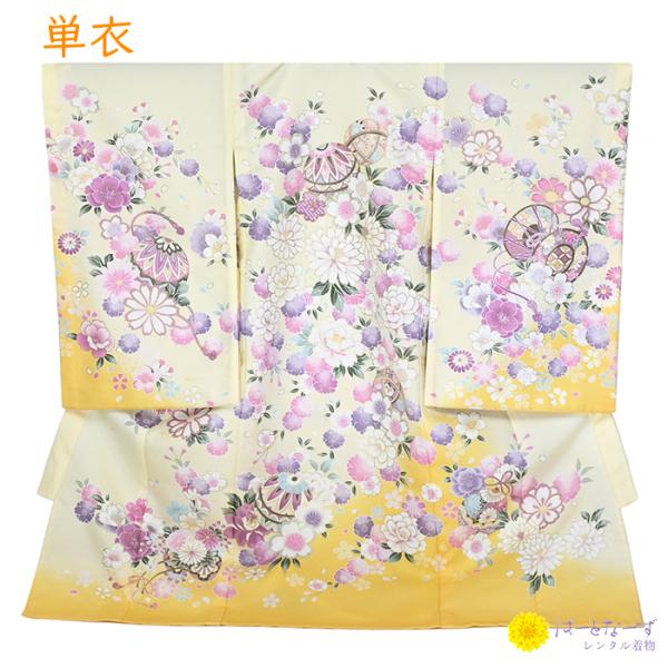 単衣夏用女児産着お宮参り パステルイエロー 毬 金彩 菊 さくら 祝い花 花車 0244 往復送料無料