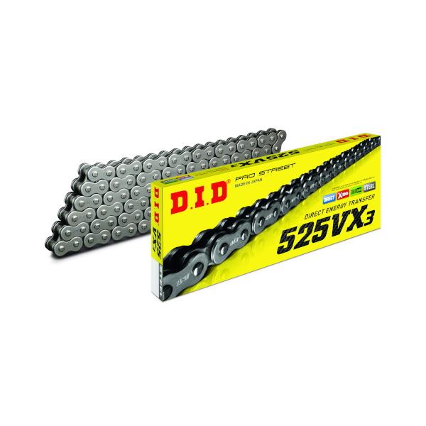 メーカー品番：DID525VX3-110ZJカラー：スチールタイプ：シールチェーン(Xリング)単位：1本セット内容/付属品：付属ジョイント：カシメジョイント(ZJ)