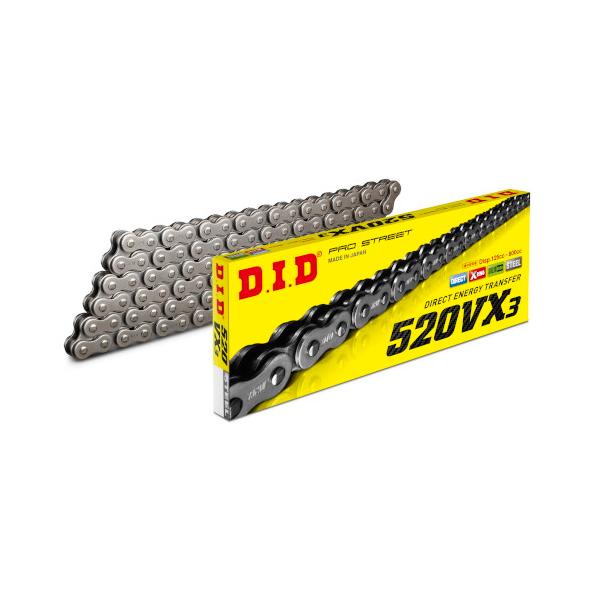 メーカー品番：DID520VX3-104ZJカラー：スチールタイプ：シールチェーン(Xリング)単位：1本セット内容/付属品：付属ジョイント：カシメジョイント(ZJ)