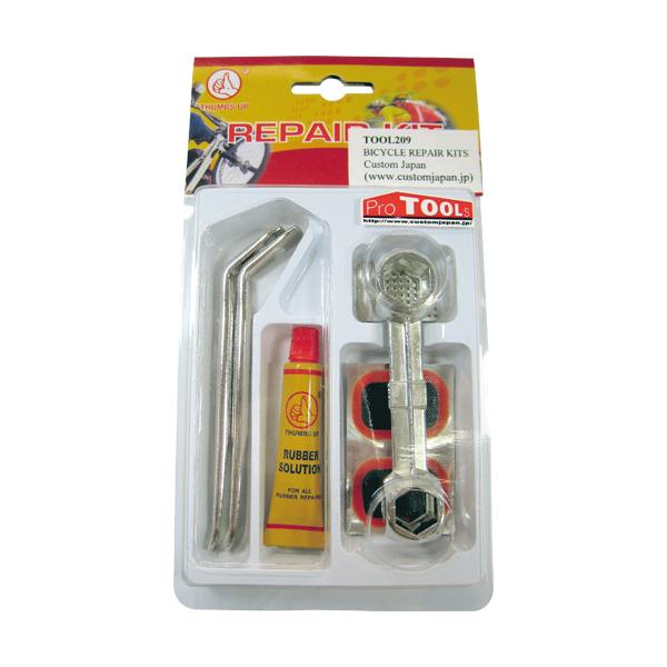メーカー品番：TOOL209単位：1セットセット内容/付属品：・パッチ5枚 ・ラバーセメント ・ミニやすり ・ボックスレンチ ・メタルタイヤレバー2本