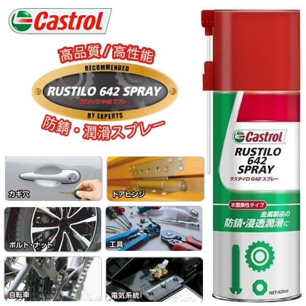Castrol カストロール ラスタイロ 642 スプレーサビから守り、動きをよくする！金属製品の防錆・浸透潤滑に！工場の精密機械向けに開発された高品質、高性能防錆・浸透潤滑スプレー金属表面にスプレーすると、被膜をつくり防錆効果を発揮します...