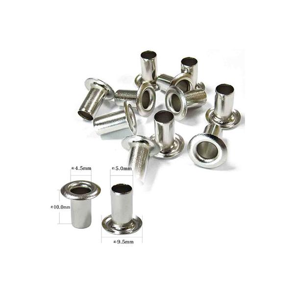 ハトメの筒の部分が直径5mmハトメ。金属の厚みがありますので、取付けた後の穴の内径は約4.6mm。高さが8mm。真鍮製で座金は付属されません。ハトメ本体のみでお使いいただく電気ハトメですが、ハトメ300では高さが足りない場合に大体でお使い頂...