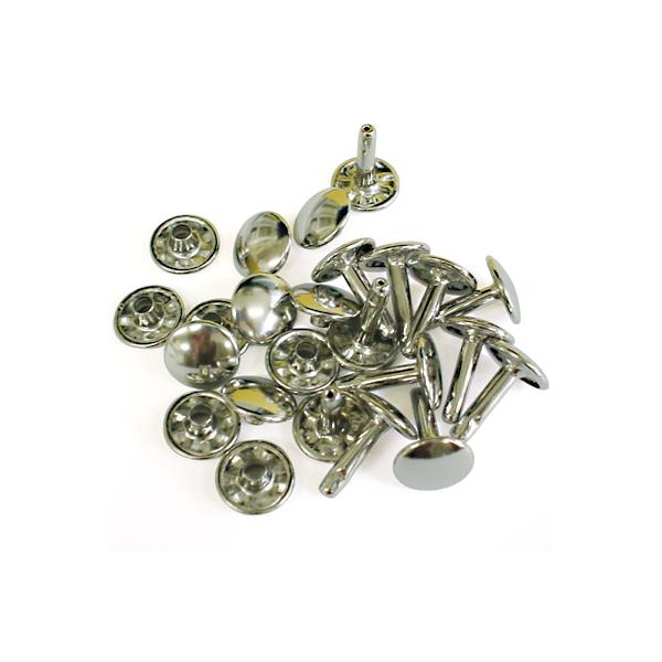 非常に足の長い両面カシメ。厚み合計15mm以下のものを留めることができます。イスや荷台の鋲留めとしても使われるサイズです。鉄製の本体にニッケル鍍金をかけて仕上げています。