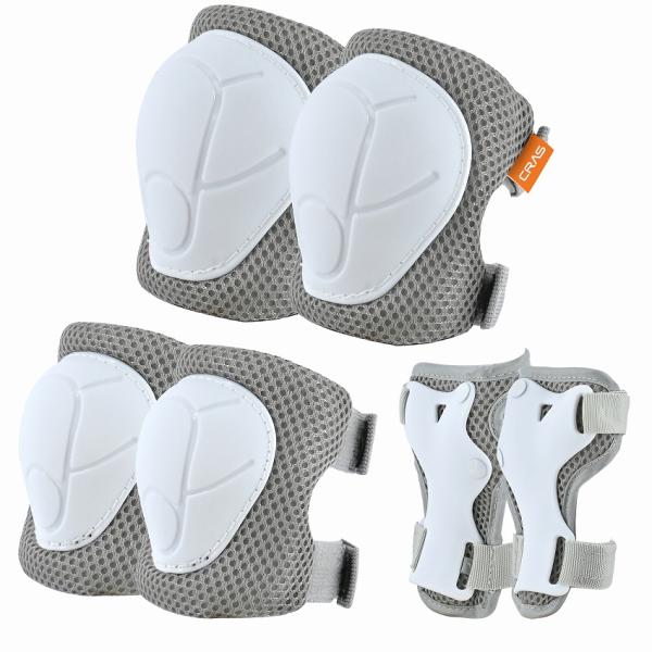 転倒などのケガからお子様を守るプロテクター6点セットです。自転車、一輪車、スケートボード、ローラースケートなどの走行遊具使用時にお勧めです。◆対象年齢の目安：3〜7歳◆手、肘、膝 用各2ケ（6点セット）◆カラー：ホワイト/グレー◆製品重量：...