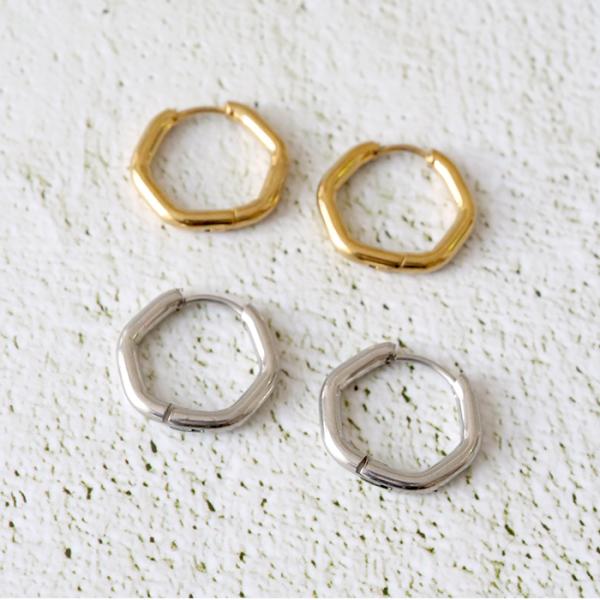 メール便送料無料 サージカルステンレス ピアス 186.六角フープ 17mm 1ペア シンプル キャッチレス 316 金属アレルギー対応