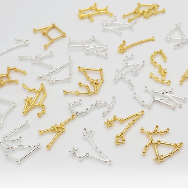 ポイント利用【商品説明】12星座モチーフのデコパーツです。立体的な作りになっていますので、裏表どちらの向きでも使用可能です。レジンの封入素材としてだけでなく、アクセサリーチャームとしてもお使いいただけます。【商品仕様】カラー：ゴールド／シル...
