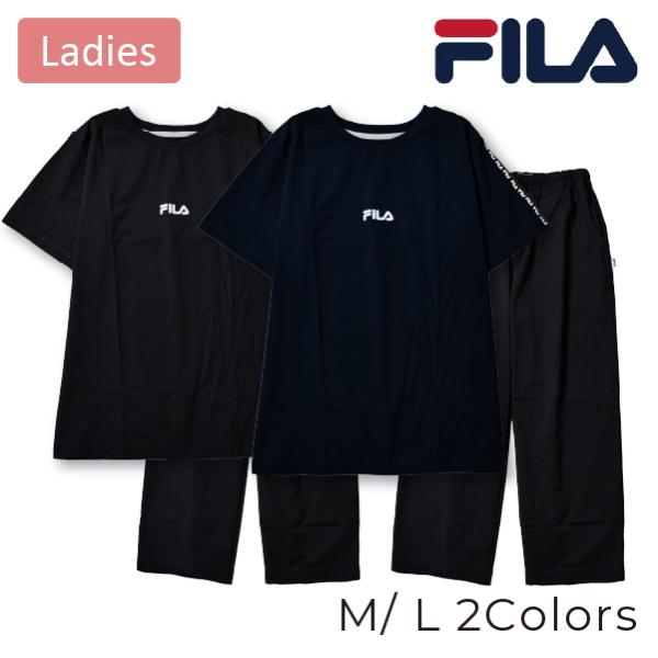 [リカバリーウェア特集]FILA(フィラ) レディース リカバリーウェア 半袖Tシャツ 上下セット 機能性 ルームウェア 血行促進 鉱石配合 寝巻 パジャマ M L 黒