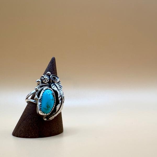 ターコイズとシルバーリーフリング インディアンジュエリー/ネイティブ