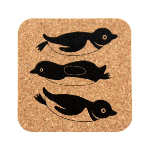 スクエアコルクコースター ペンギン3匹 北欧 カフェ コーヒー おしゃれ ギフト