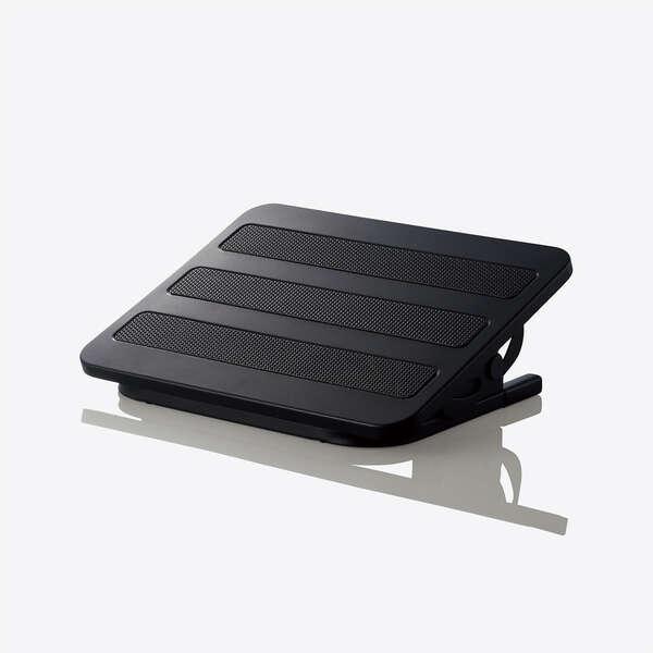 足を乗せることでデスクワーク時の姿勢改善、足への負担を軽減でき、前後-20°〜20°の角度に無段階調整できるフットレストです。