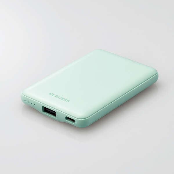 エレコム DE-C37-5000GN グリーン モバイルバッテリー 5000mAh 12W コンパクト 薄型 軽量 iPhone Android 各種対応