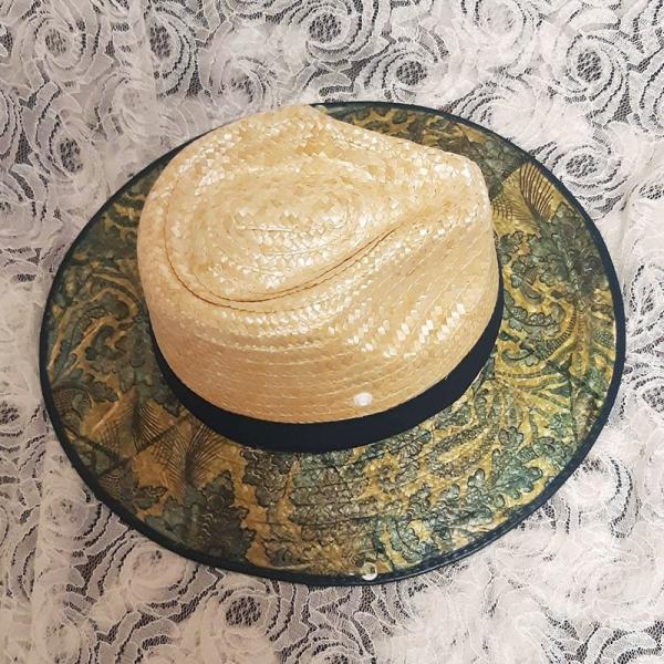 麦わら帽子 ハンドメイド デコラティブハット 深緑のモダン柄 中折れ