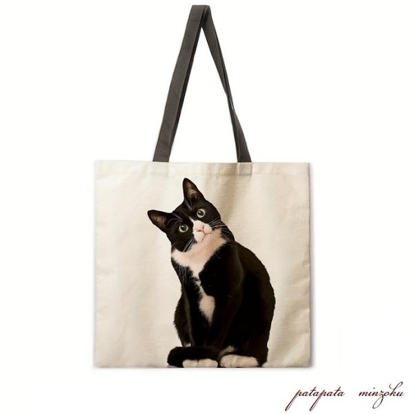 トートバッグ 首をかしげる ハチワレ 猫 エコバッグ 油絵 風  雑貨 ねこ ネコ 猫 レディース ユニセックス