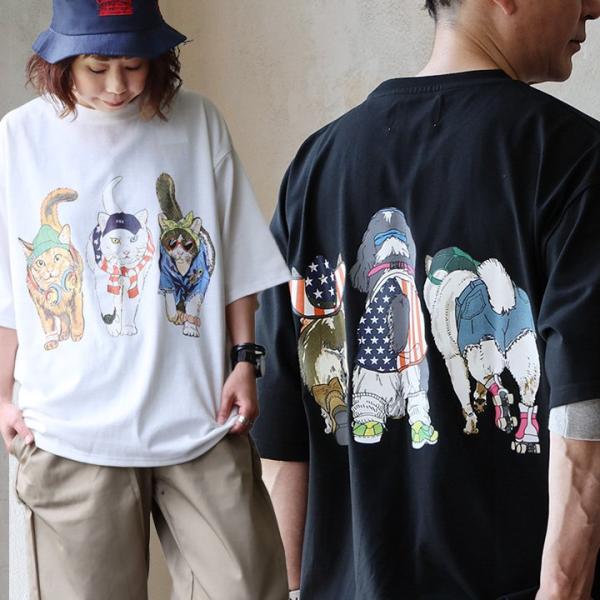 Tシャツ 半袖 メンズ レディース クルーネック 犬 イヌ 猫 ネコ プリント コットン ポリエステル 天竺 伸縮性 ゆったり アニマル パティ