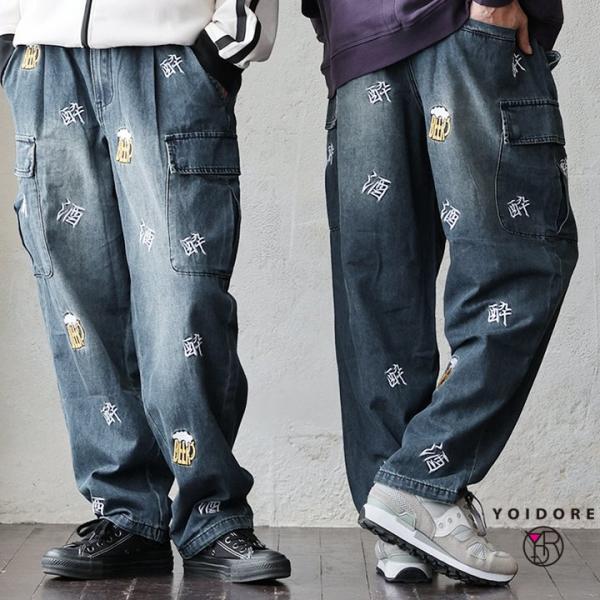 カーゴパンツ ストレート メンズ レディース デニム 刺繍 綿100 コットン ポケット ウエストゴム ゆったり 大きいサイズ カジュアル 秋 冬 春 パティ YOIDORE ヨイドレ PATY カーゴパンツ ストレート メンズ レディース デニム 刺繍 綿100