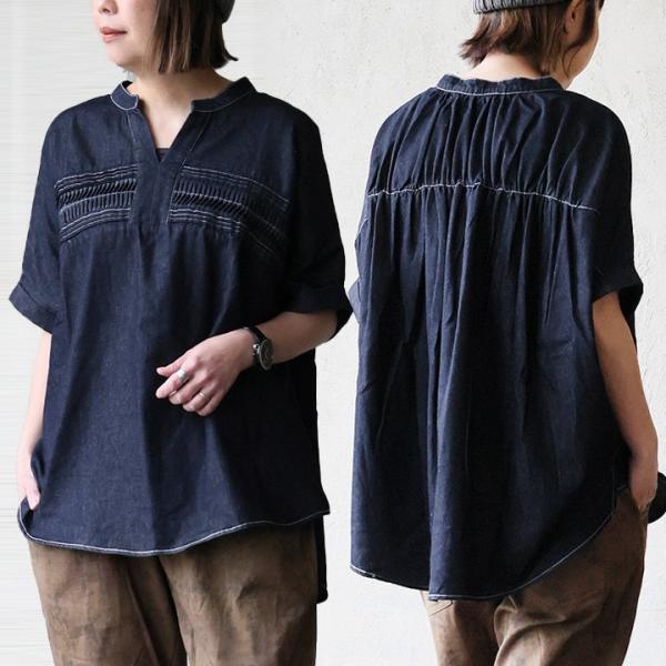 PATY シャツ デニム 半袖 レディース プルオーバー スキッパーネック