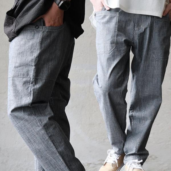 パンツ テーパード ガーデニングパンツ イージーパンツ メンズ レディース ストライプ 綿100 コットン 薄手 軽い ウエストゴム パティ