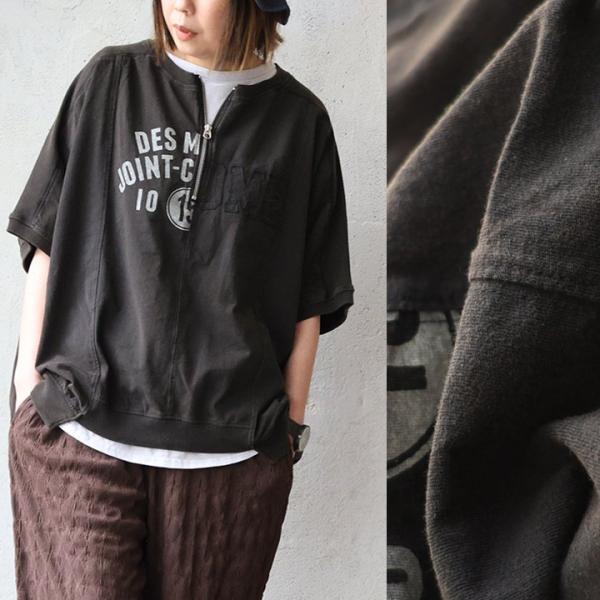 Tシャツ 5分袖 レディース ハーフジップ 綿100 コットン 天竺 しっかり生地 褪せ色 リメイク ロゴプリント 体型カバー 重ね着 パティ