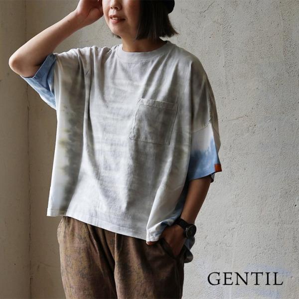 Tシャツ 5分袖 クルーネック レディース タイダイ柄 綿100 コットン 伸縮性 軽い 柔らか すっきり 着痩せ パティ (メール便50) GENTIL ジャンティ