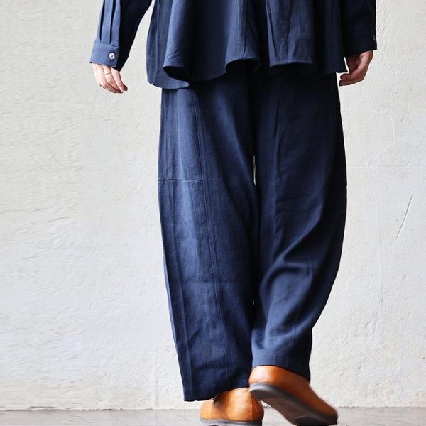 パンツ ワイドパンツ バルーンパンツ レディース 無地 異素材切り替え 麻 レーヨン 薄手 軽い ウエストゴム 体型カバー パティ