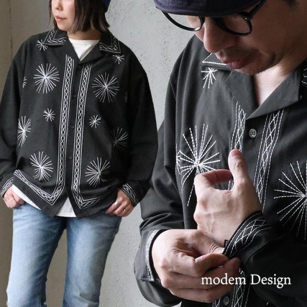 modem Design モデムデザイン シャツ 長袖 メンズ レディース 開襟 オープンカラー 配色 刺繍 レーヨン 薄手 軽い ストレッチ パティ