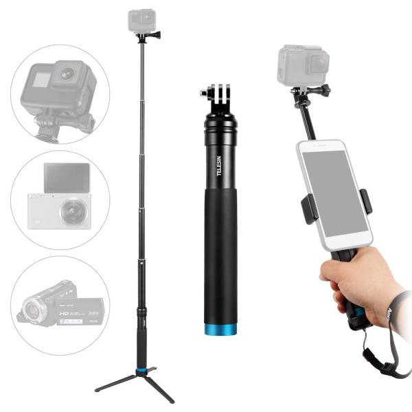 スマートフォン GoPro SJCAM Insta360 DJI Osmo 360 他アクションカメラ 用 自撮り棒 一脚/三脚兼用 拡張可能 アルミ合金  スマホ用ホルダー付き 5段収納式