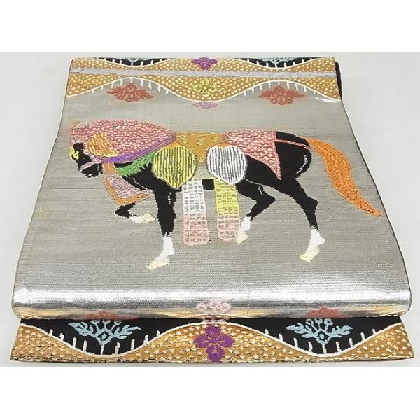 平和屋本店□最高級 龍村平蔵製 六通柄 本袋帯 天竺祭馬錦 黒地 金銀糸  