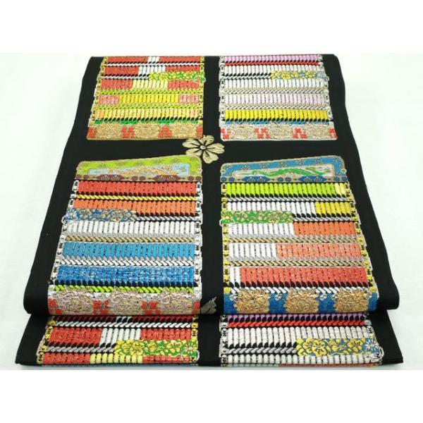 平和屋本店□極上 六通柄 本袋帯 龍村平蔵柄 大袖威毛錦 唐織 黒地 金  