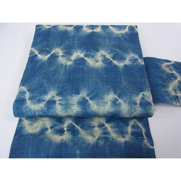 平和屋本店□極上 夏物 九寸名古屋帯 藍染 絞り 麻 逸品 3kh1813  