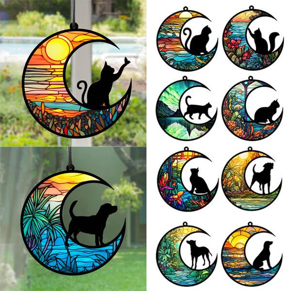 月と猫のステンド調アクリル表札＊クリスタルの様な輝き＊４辺４５度斜めカット＊ＵＶ ステンドグラス 猫のサンキャッチャー•オーナメント サン