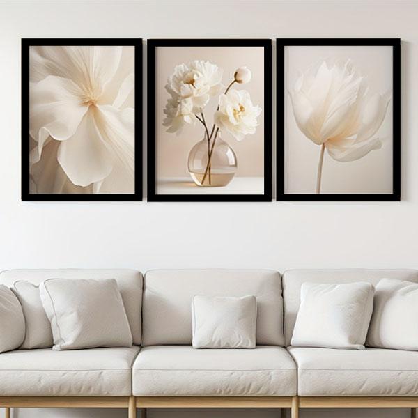 3枚セット 33×43cm アートパネル 枠付きフレーム絵画 白い花 ホワイト