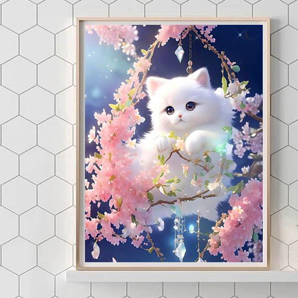 中級 フル ダイヤモンドアート キット ビーズ刺繍 アニメ画風 白猫 ピンクの花 モザイクアート リハビリ 趣味 絵画 カラービーズ