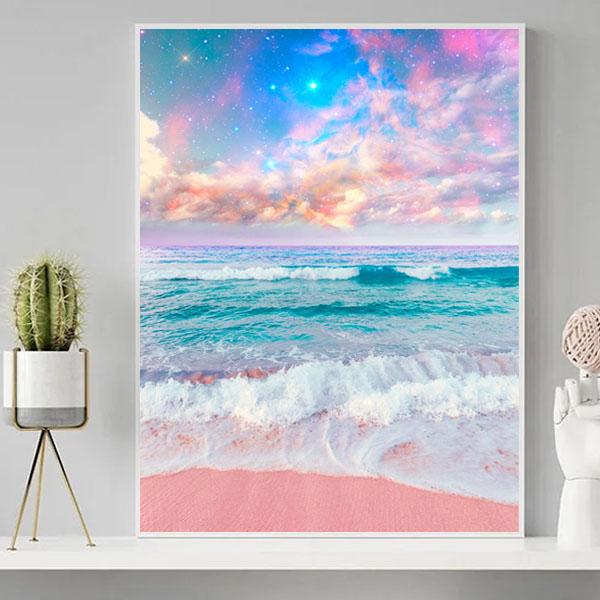 中級 フル ダイヤモンドアート キット ビーズ刺繍 ピンクの砂浜 海