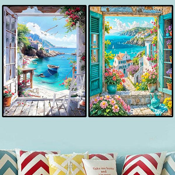 中級 フル ダイヤモンドアート キット ビーズ刺繍 窓から見える風景 海
