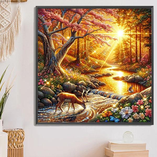 準上級 フル ダイヤモンドアート キット ビーズ刺繍 水辺の鹿 秋の森