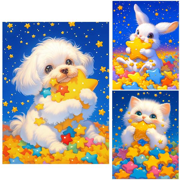 中級 フル ダイヤモンドアート キット ビーズ刺繍 白いもふもふ 犬 猫 ウサギ アニマル 星 モザイクアート リハビリ 趣味 絵画 カラービーズ