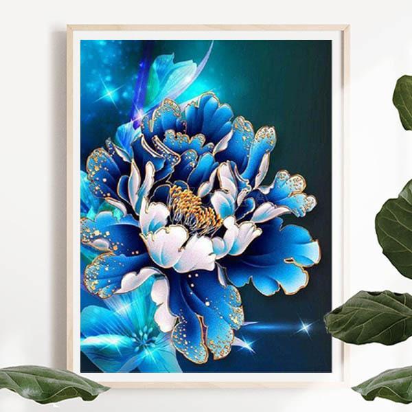 中級 フル ダイヤモンドアート キット ビーズ刺繍 牡丹 ボタン 青い花