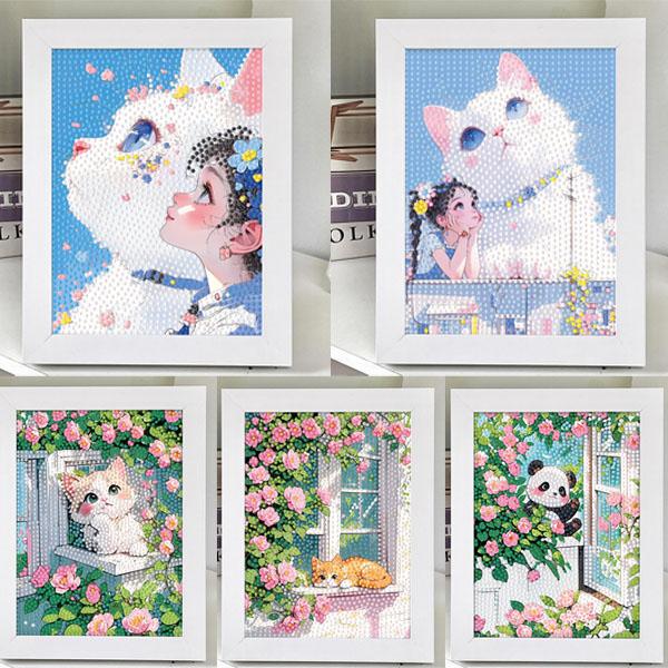 木製フレーム付き ダイヤモンドアート 刺繍キット 白猫 女の子