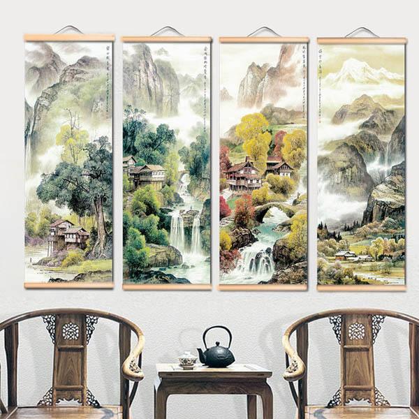 昭和レトロ 水墨画 山水画 風景画 掛け軸 壁掛け飾り 和室 和 タペストリー 昭和レトロ 山水図 いかだ船 船頭 水墨画 風景画 掛け軸 美術