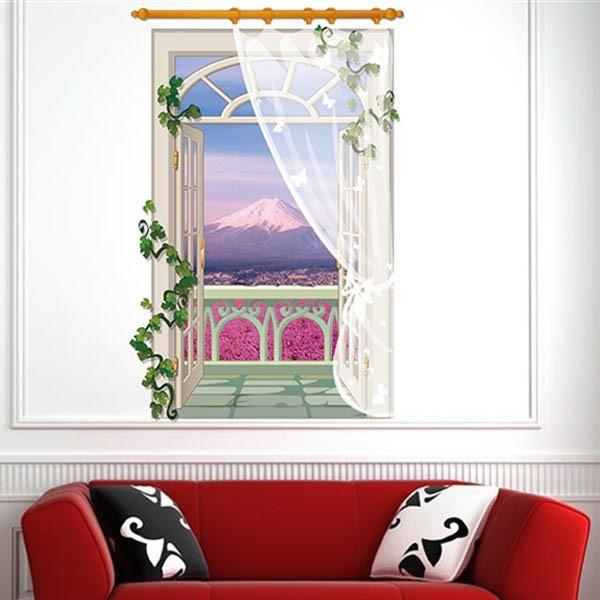 ウォールステッカー 洋風縦窓 富士山 芝桜 だまし絵 アート インテリア