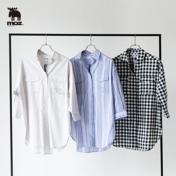 moz sweden 7分袖 オーバーサイズシャツ (北欧 ブラウス レディース 開襟襟 大きめ 春 夏 秋 通気性 吸湿性 羽織 薄手)