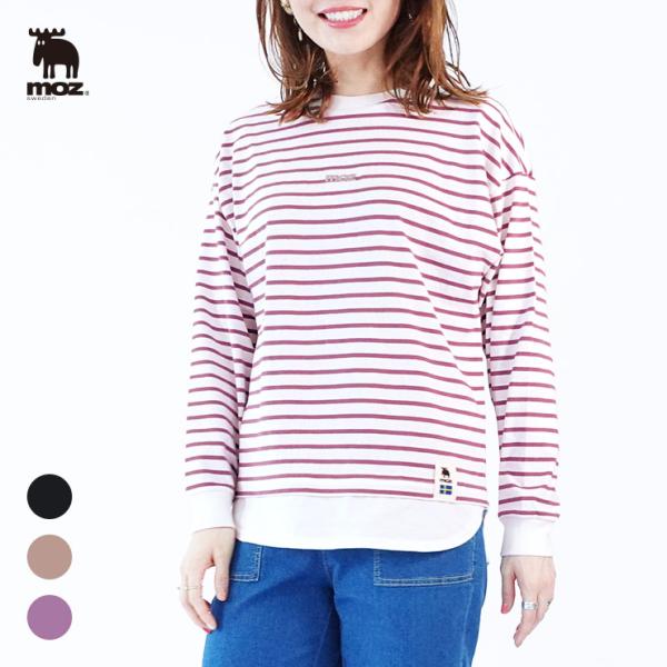 moz sweden ドッキング 長袖 プルオーバー ( 北欧 公式 重ね着風 カットソー ロングtシャツ ロンT レディース 綿100 コットン クルーネック ボーダー 秋 春 )