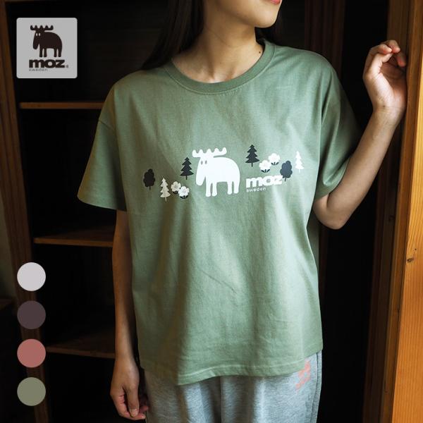 moz sweden フォレストエルク ゆるシルエット Tシャツ (北欧 公式 レディース 半袖 ゆったり トレンド 大きいサイズ 小さいサイズ 綿100%)