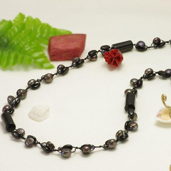 淡水 真珠 パール オニキス ロング ネックレス 約4.0mm 10.0mm 染