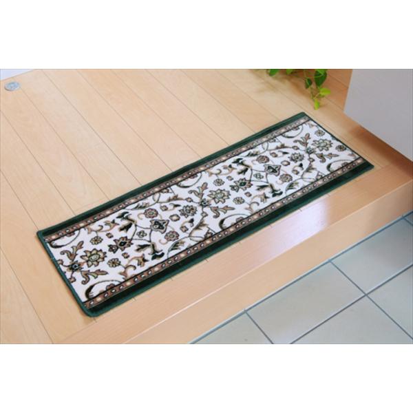 玄関マット あがり框 洗える モケット織り 王朝柄 『メンデル』  グリーン/ワイン  約30×90cm 滑りにくい加工