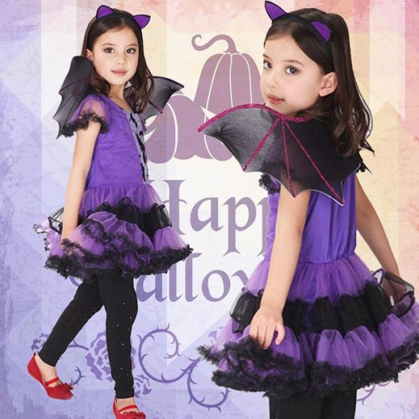 ハロウィン ワンピース 120 紫 コスプレ 子ども 仮装 こうもり 魔女