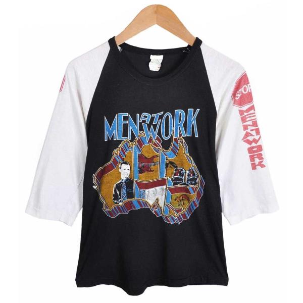 【SALE】ヴィンテージ 1980年代 カナダ製 / MEN AT WORK メン アット ワーク / ラグランバンドTシャツ / ブラック×ホワイト / メンズXS相当