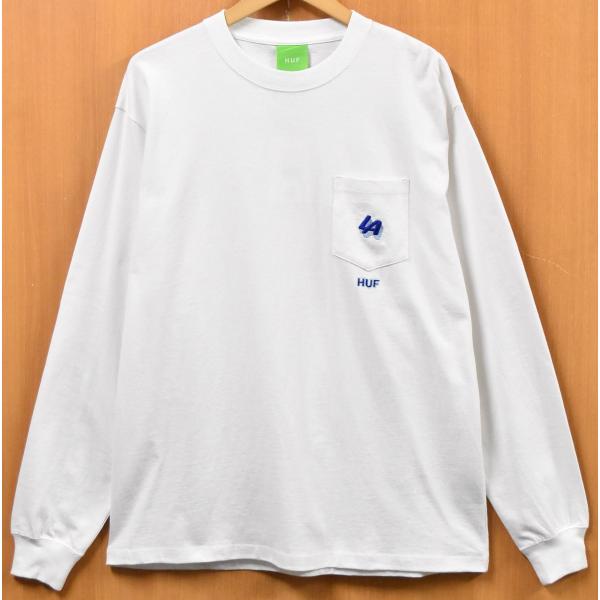 【アウトレット】【未使用品】展示品 HUF ハフ 長袖Tシャツ ロンT ポケT ポケットTシャツ ホワイト ロゴ刺繍 メンズM 新品(42299