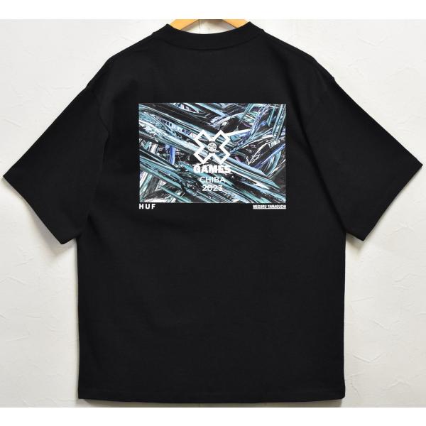 【アウトレット】未使用品 展示品 ビッグサイズ 限定コラボ HUF X GAMES CHIBA 2023 山口歴 ハフ 半袖Tシャツ ブラック ロゴプリント メンズXL 新品(44041